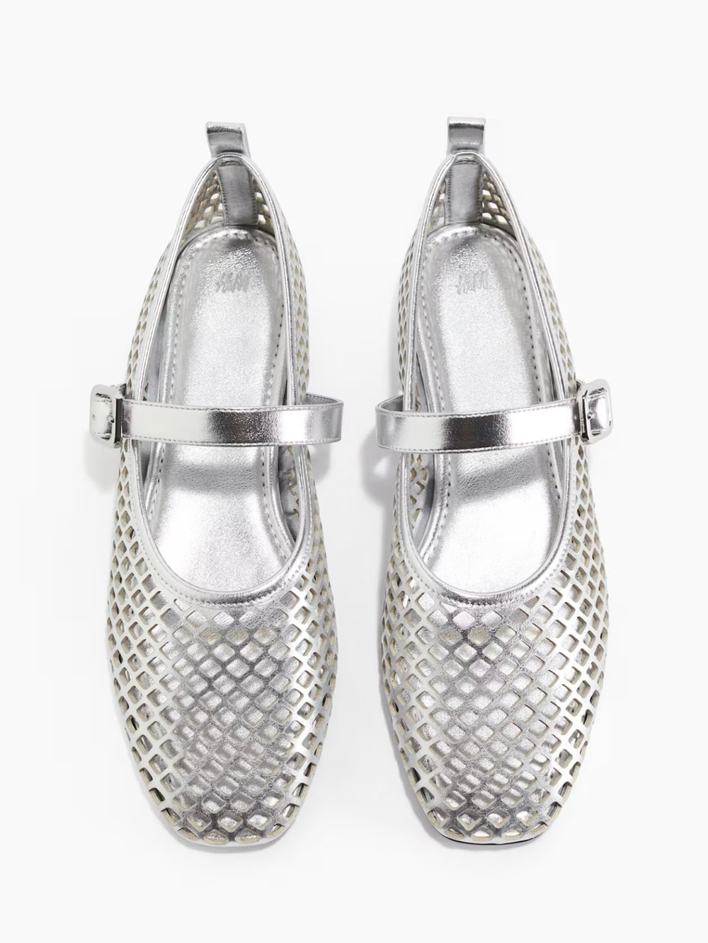 H&M Perforated Silver Metallic Mary Jane Ballet Flats